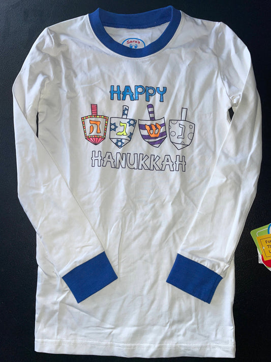 12 Boys/Girls Sleep Top, White & Blue, Happy Hanukkah