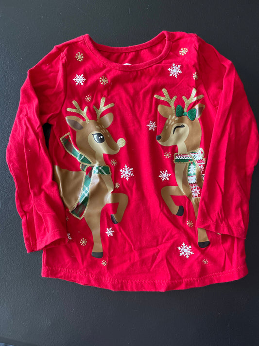 3T Girls Long Sleeve Shirt, Red, Christmas Reindeer