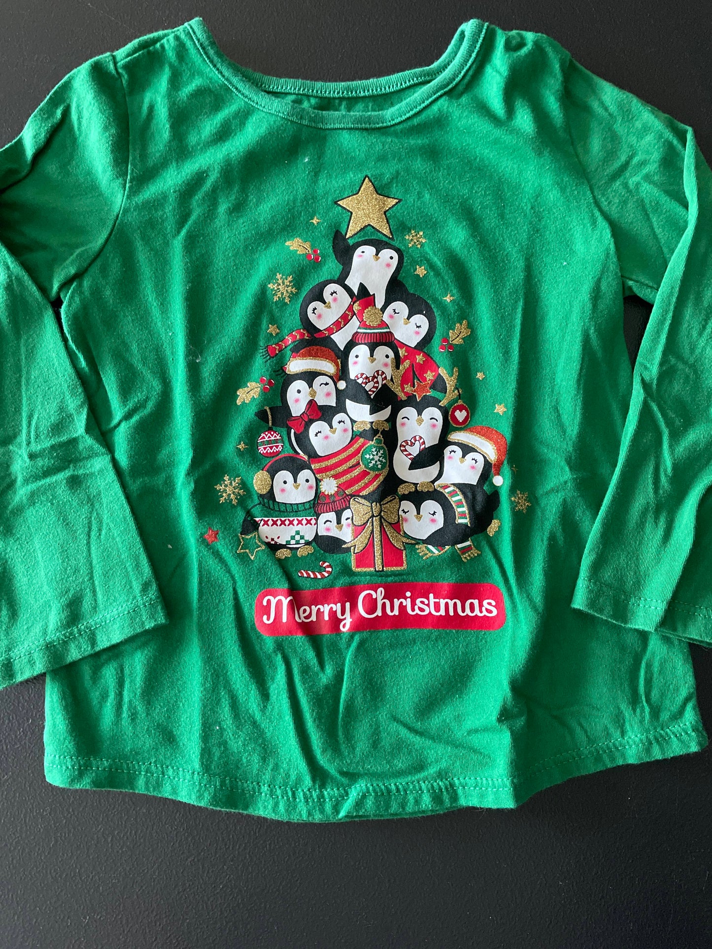 3T Girls Long Sleeve Shirt, Green, Penguin Christmas
