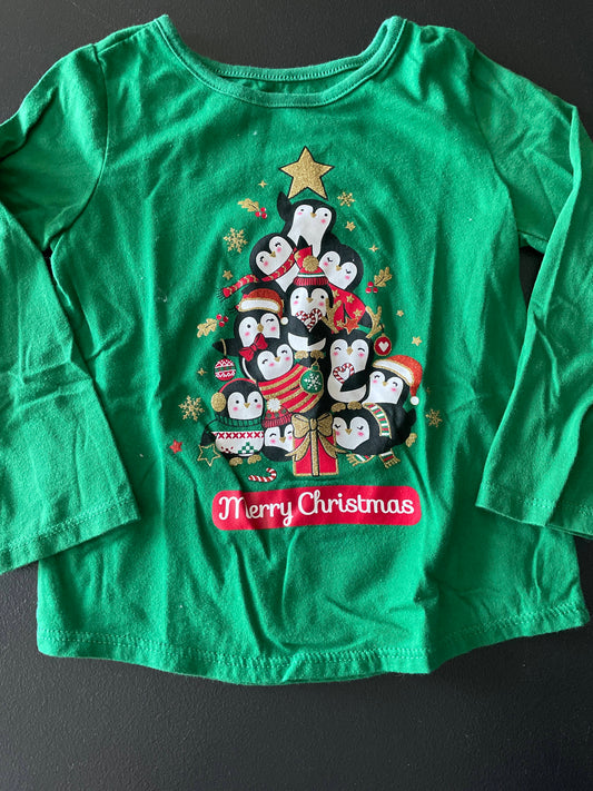 3T Girls Long Sleeve Shirt, Green, Penguin Christmas