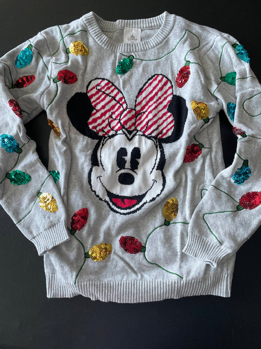 M Girls Sweater, Gray, Minnie Mouse w/Christmas Lights