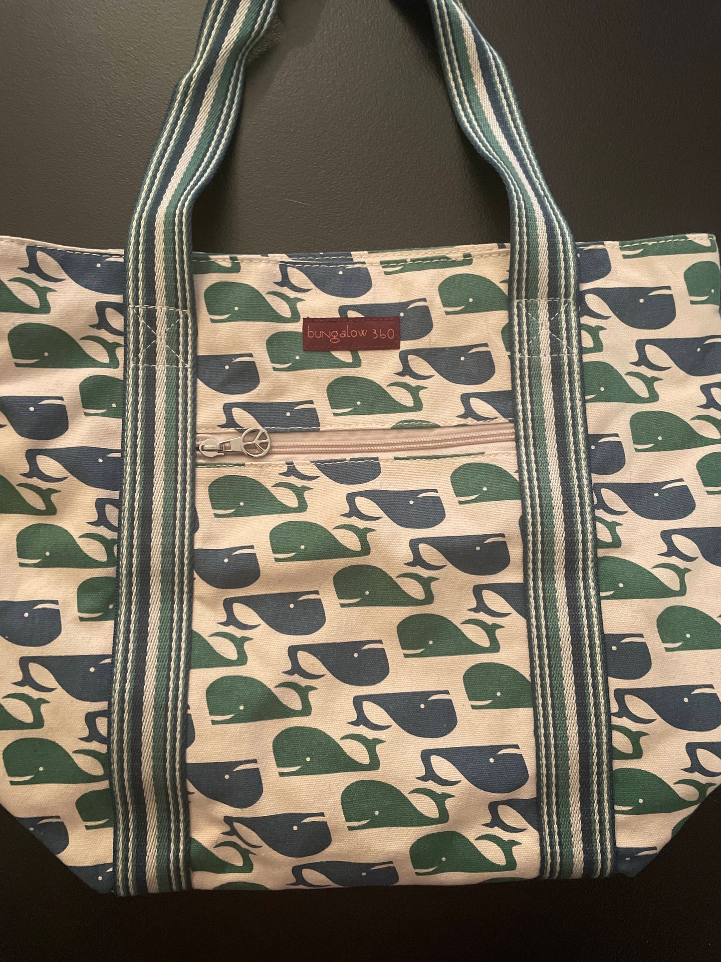 Tote Bag, Canvas, Oatmeal w/Green & Blue Whales