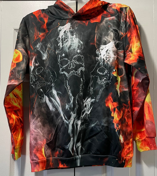 XL Boys Hoodie, Black, Red Flames, Skulls